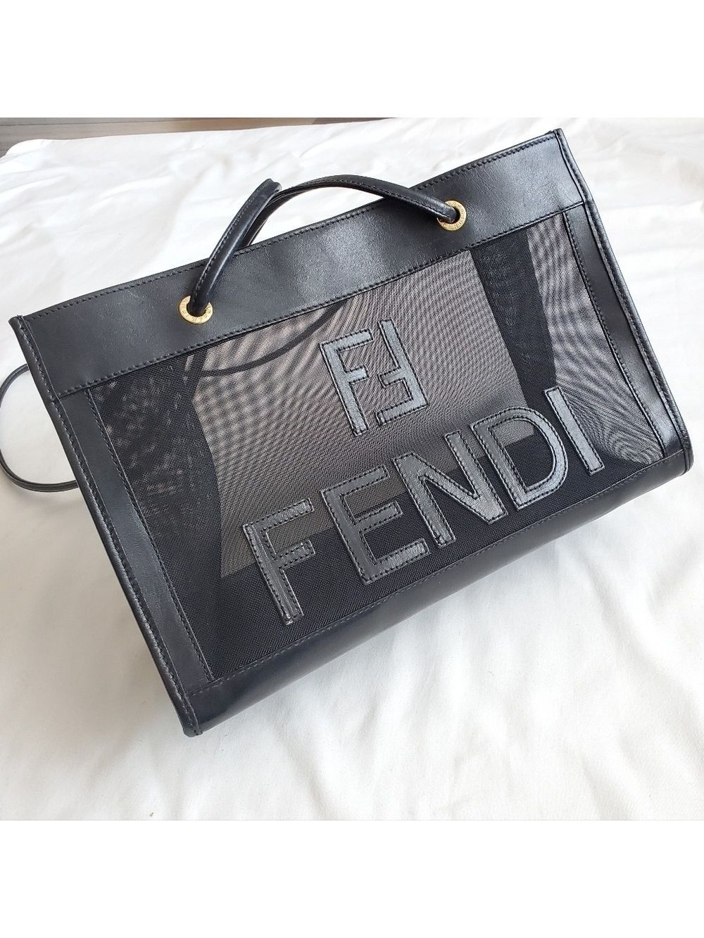 Vintage Fendi 80s Net Mesh Logo Tote Bag Black Leather